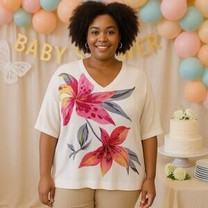 Chico's Top NWT Women's Size XXL Linen Sweater Trim Tee Colorful Lily River Rock